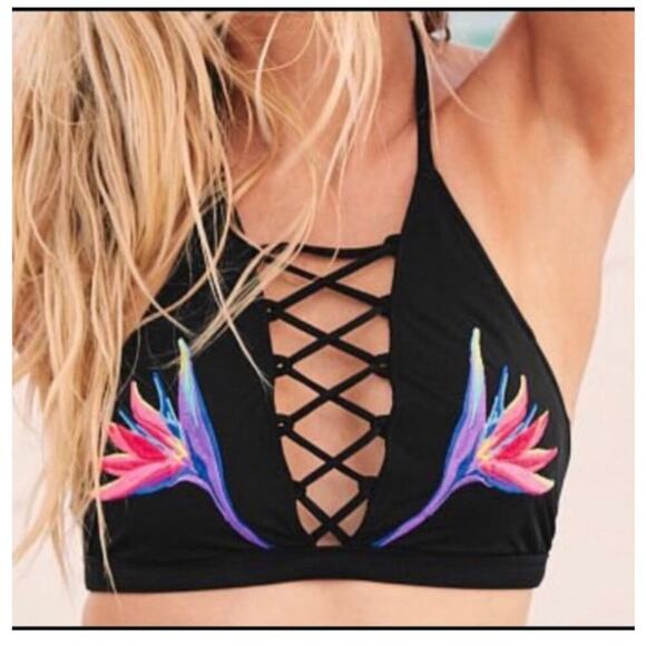 VS Pink Emboridered High Neck Lace Up Detail Bikini Top Size Small - Picture 1 of 4